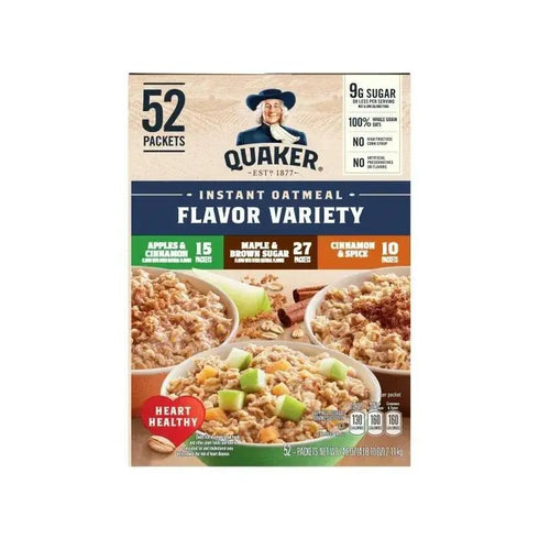 Quaker Instant Oatmeal Variety Pack, 3 flavors in total, 52 packets / 1.51 ounces each, totaling 74.6 ounces. The most affordable oatmeal, suitable for breakfast.,food,snacks,labubu,dubai chocolate bar,candy and snacks